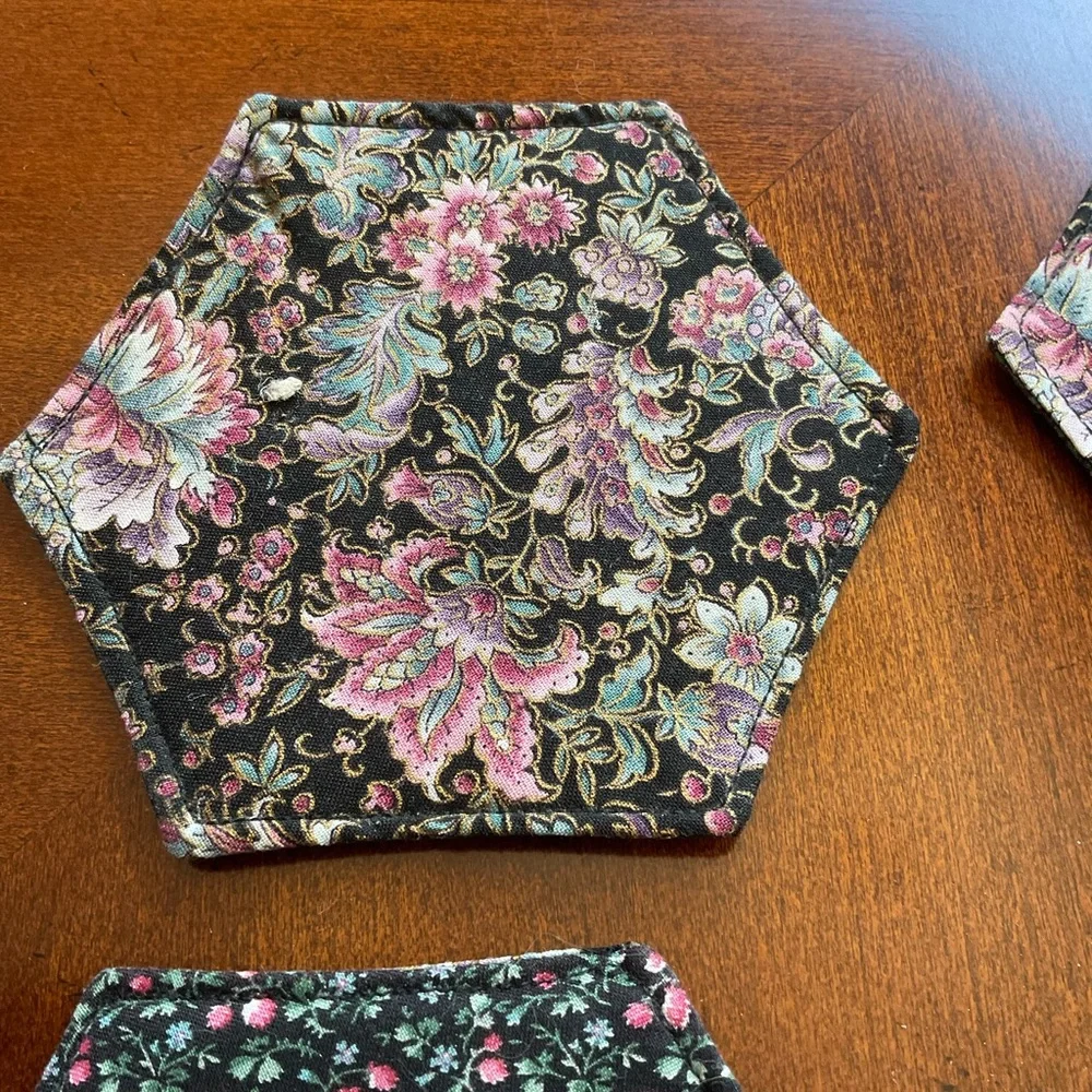 Hand Quilted Floral Hexagon Coasters Two Sided Designs, Set of Six, GORGEOUS NEW